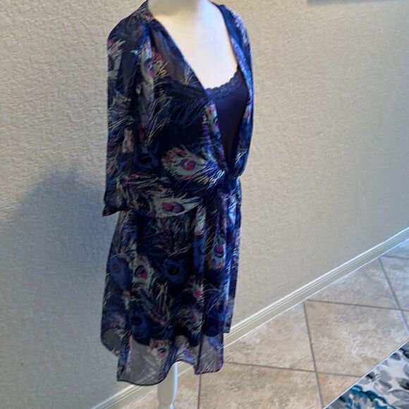 382 Womens M Semi Sheer Peacock Print Mini Slip Dress Blue Purple Flowy Vacation - Picture 6 of 11
